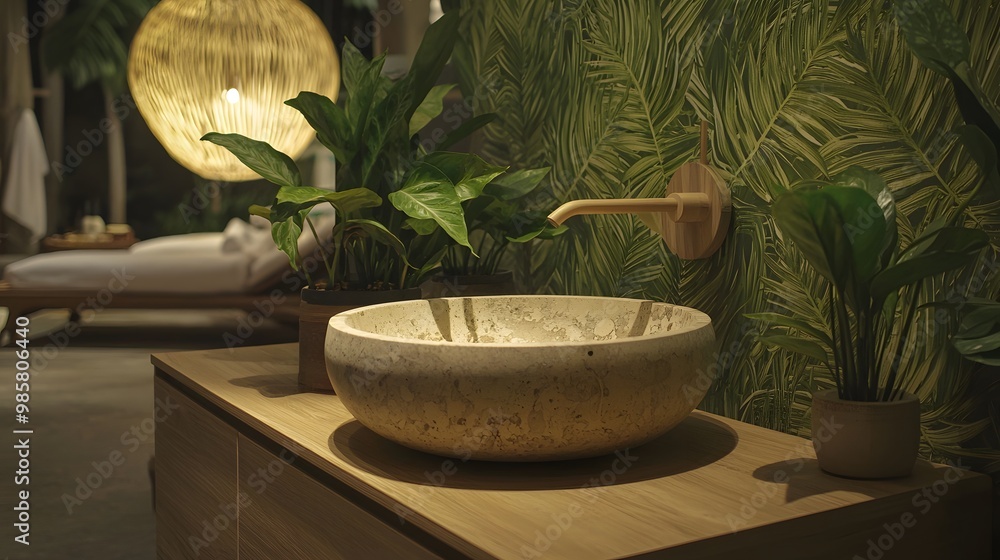 Obraz premium Nature-Inspired Bathroom: A loft bathroom featuring a wooden vanity with a vessel sink. The leafy wallpaper and potted plants evoke a natural, calming ambiance. 