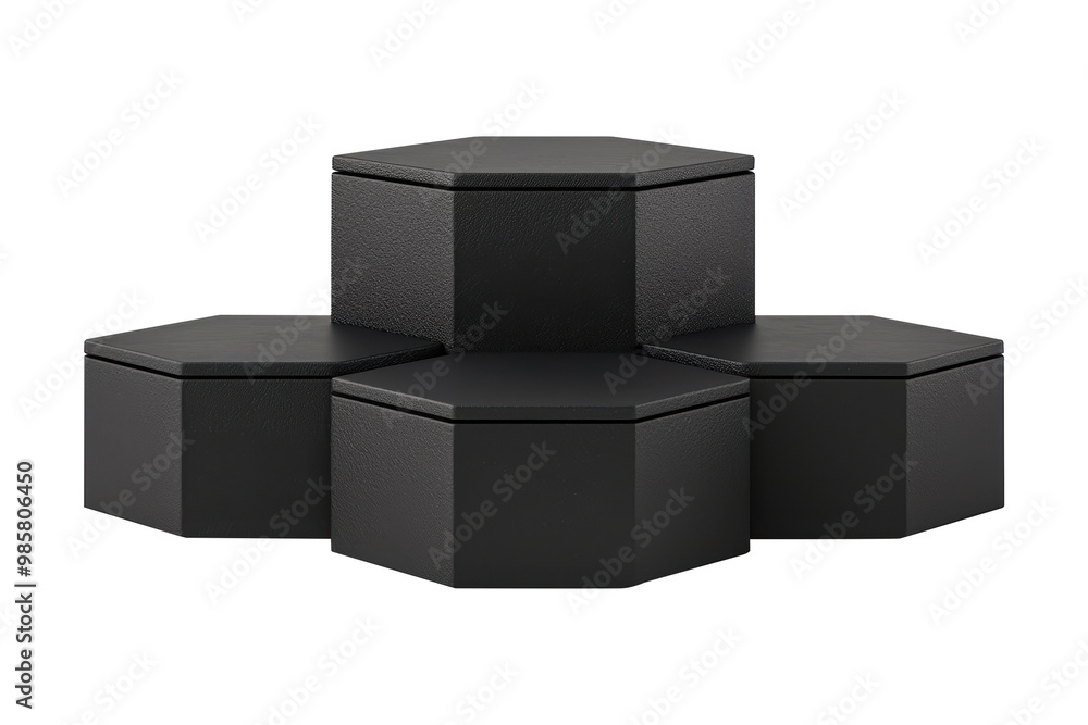 Black hexagonal multi-tier display, featuring sleek stacked platforms ideal for product showcasing or modern interior design. Isolated on transparent background, png. Black hexagonal multi-tier display, featuring sleek stacked platforms ideal for product showcasing or modern interior design. Isolated on transparent background, png.