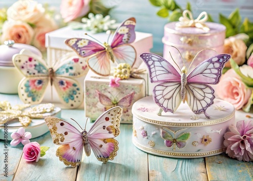 A beautifully curated collection of decorative gifts and keepsakes is showcased, each piece intricately adorned with delicate butterfly designs that add a touch of whimsy.