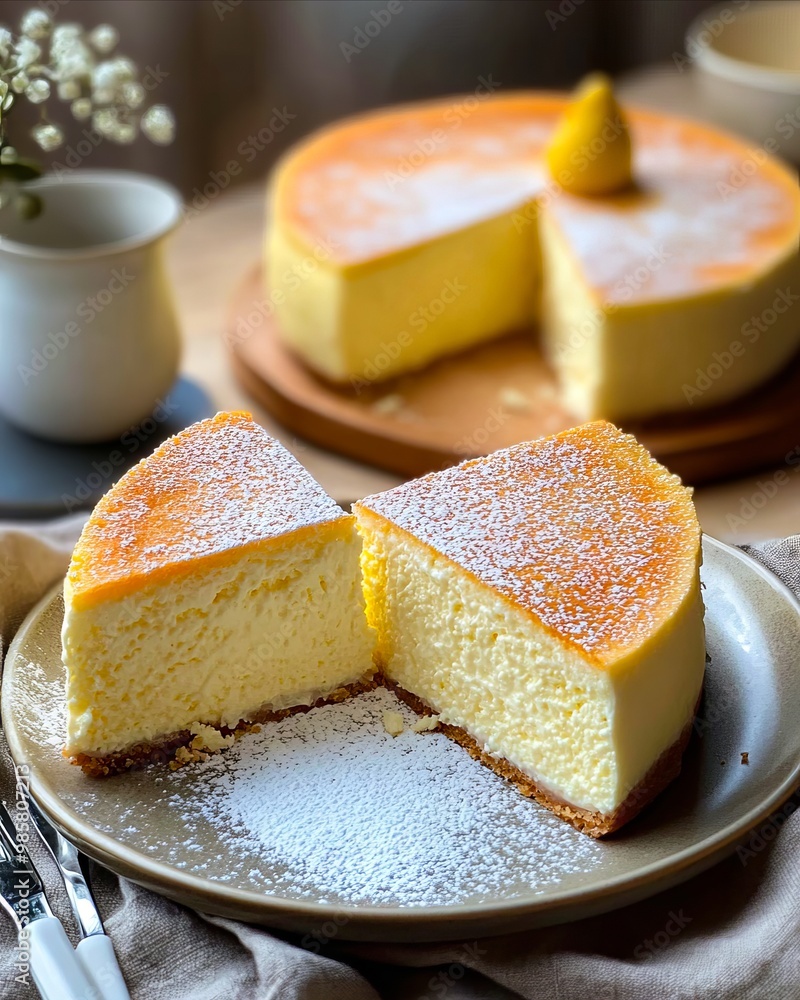 A slice of cheesecake on a plate with a fork and knife A slice of cheesecake on a plate with a fork and knife