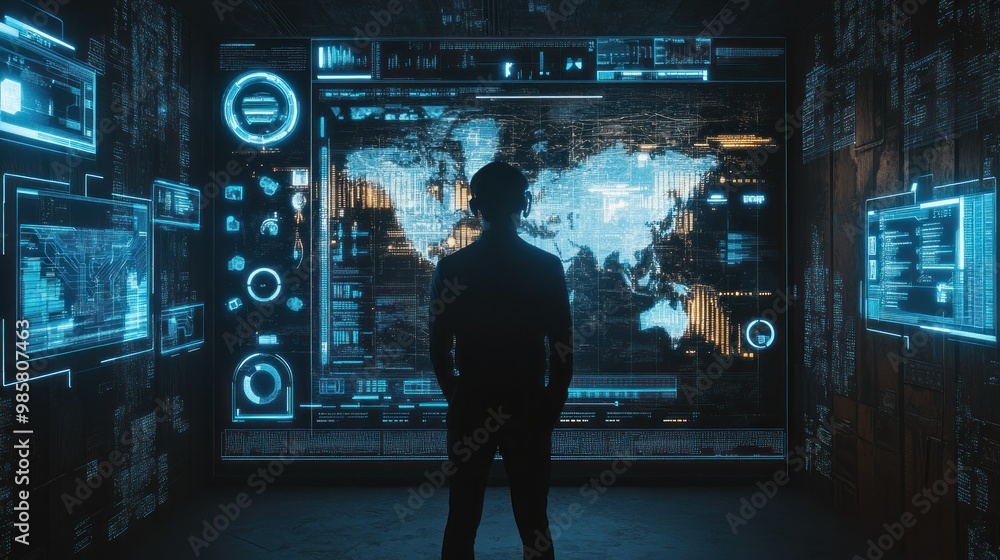 Silhouetted Figure Observing a World Map on a Futuristic Digital Interface Silhouetted Figure Observing a World Map on a Futuristic Digital Interface
