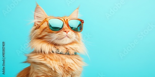 Orange Cat Wearing Sunglasses on Pastel Blue Background | Fun Pet Portrait, Summer Vibes Banner