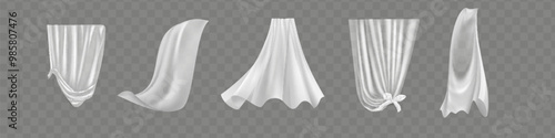 Set of realistic fluttering white cloths, soft lightweight clear material isolated on transparent background vector illustration