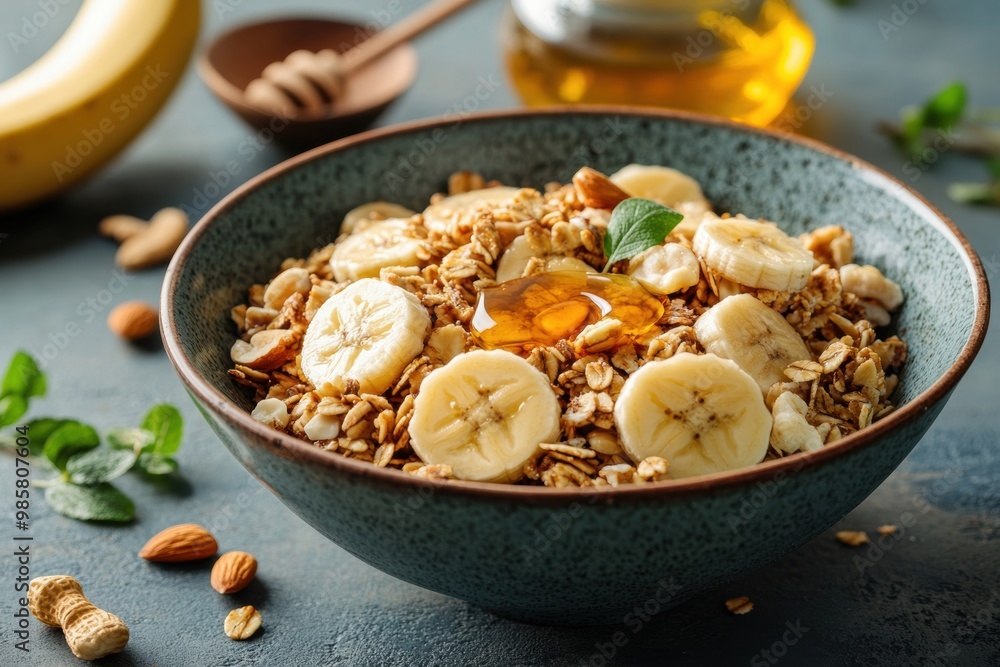 beautiful rustic banner with granola, bananas, nuts, and honey ideal breakfast concept in a bowl beautiful rustic banner with granola, bananas, nuts, and honey ideal breakfast concept in a bowl