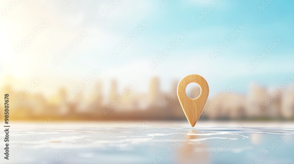 Location pin on surface with blurry cityscape background, representing navigation and travel destinations. Location pin on surface with blurry cityscape background, representing navigation and travel destinations.
