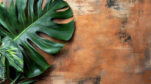Large green tropical leaf on textured brown background with copy space.