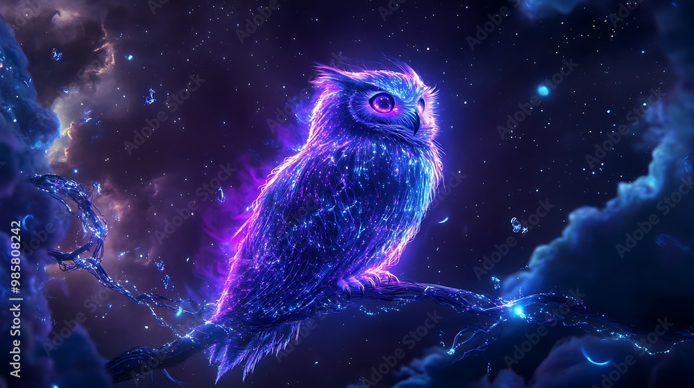 Cyber Owl - Surreal Bird Made of Glowing Fiber Optics Perched on a Futuristic Branch with Purple Light, Galaxy Background Cyber Owl - Surreal Bird Made of Glowing Fiber Optics Perched on a Futuristic Branch with Purple Light, Galaxy Background