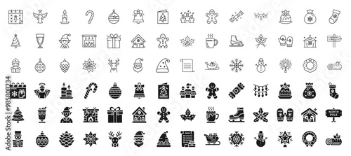 christmas christian holiday symbols, activities associated holiday, themed icon collection