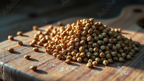 A close-up shot of a cluster of b caapi seeds scattered across a wooden cutting board, with subtle wooden grain and gentle morning light illuminating the intricate patterns. photo