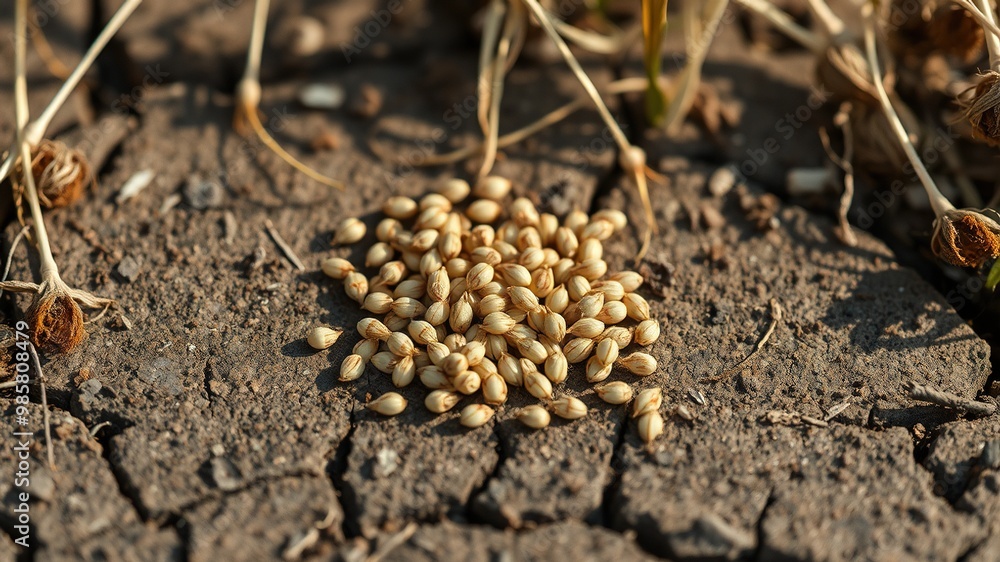 A cluster of small, delicate, and intricate seeds scatter across a dry, cracked earth surface, surrounded by sparse, wispy grasses and fragile, papery seed pods. A cluster of small, delicate, and intricate seeds scatter across a dry, cracked earth surface, surrounded by sparse, wispy grasses and fragile, papery seed pods.