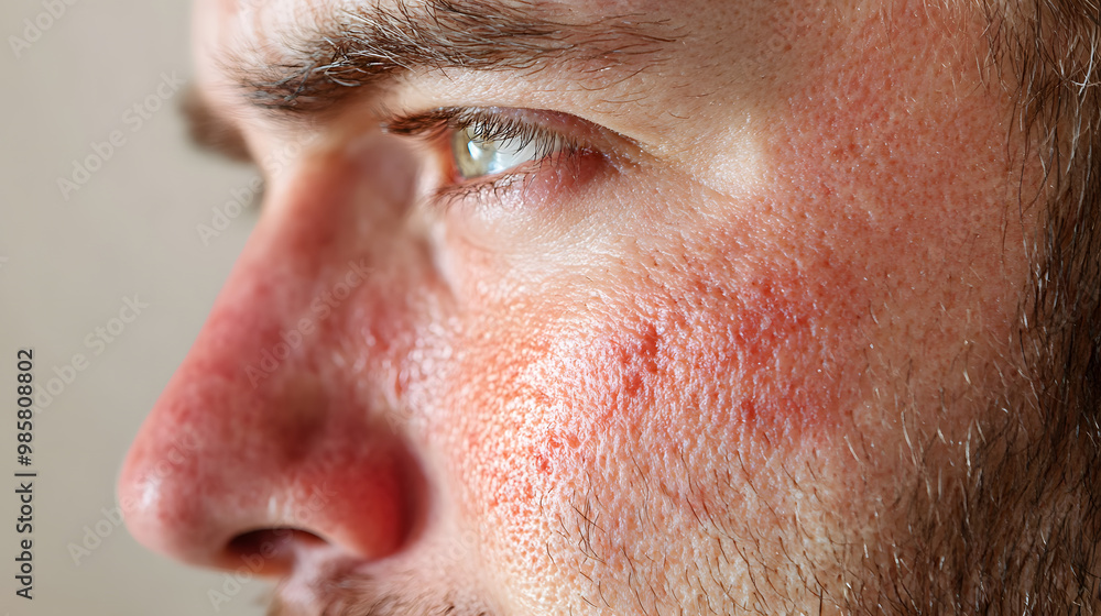 Fototapeta premium Close up face of young man suffering from problem skin. Acne, rosacea, dry skin. Dermatology concept