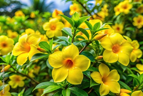 A cornucopia of bright yellow allamanda flowers bursts forth amidst a verdant backdrop of lush greenery, painting a vibrant picture of natural beauty. photo