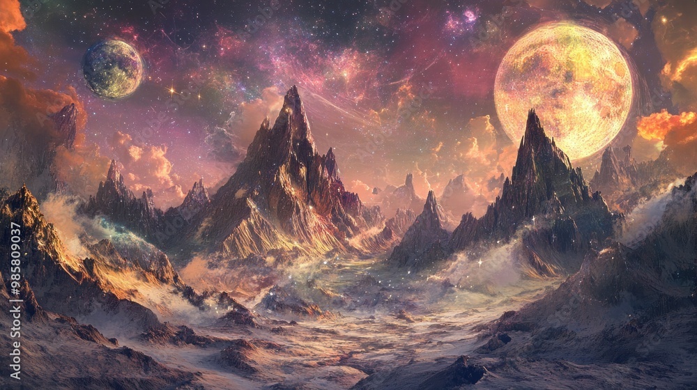 Obraz premium Mountainous Alien Landscape with Two Moons and Starry Sky