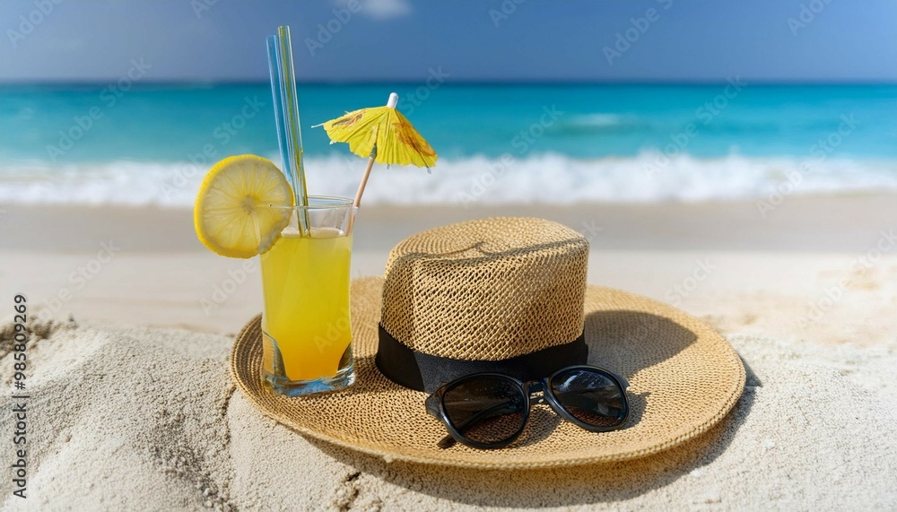 Relaxing Day at the Beach With Sunglasses, a Hat, and Refreshing Tropical Drink Relaxing Day at the Beach With Sunglasses, a Hat, and Refreshing Tropical Drink
