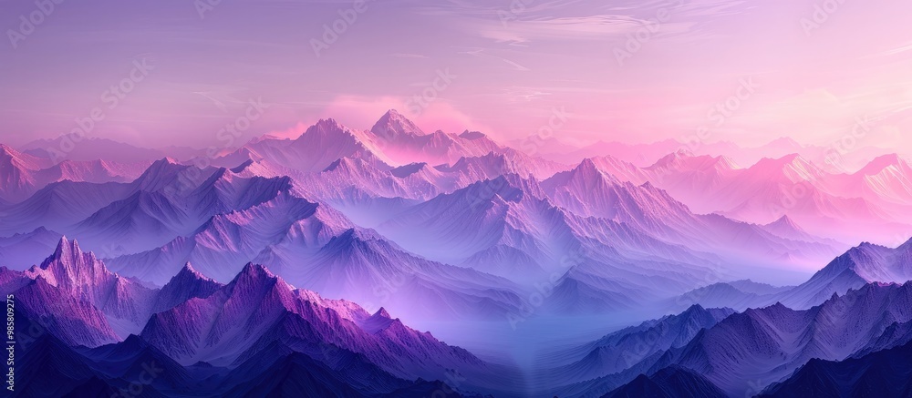 Obraz premium Majestic gradient landscape with dramatic mountain silhouettes stretching towards the sky enveloped in a serene and ethereal sunset glow A stunning