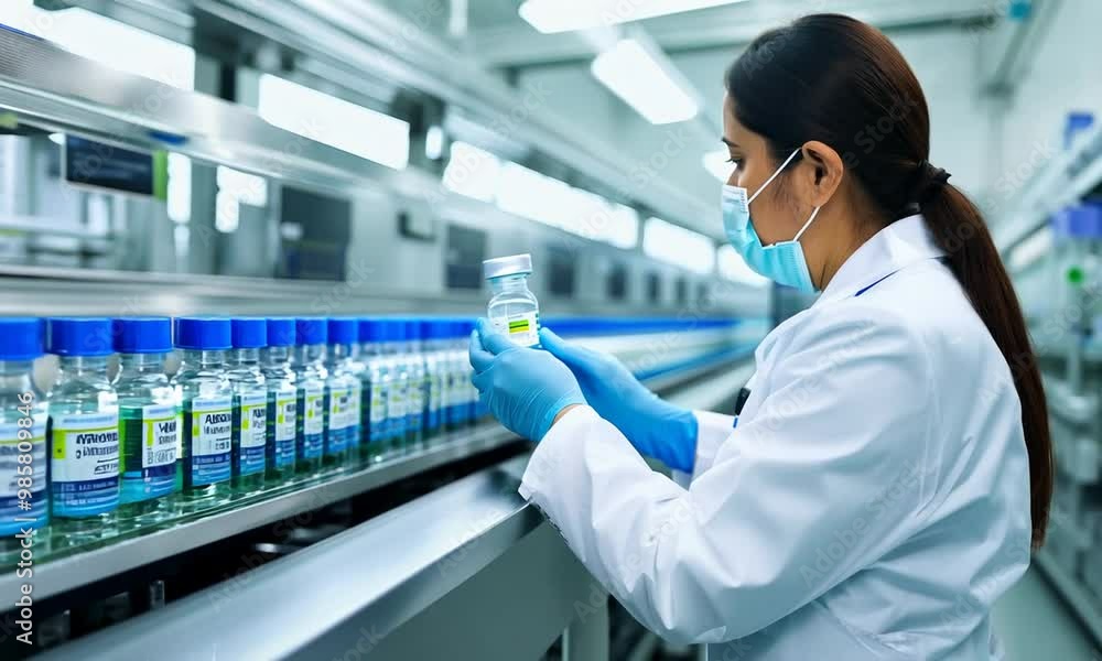 Pharmacist in gloves checking medical bottles on conveyor belt production line in pharmaceutical health care factory Pharmacist in gloves checking medical bottles on conveyor belt production line in pharmaceutical health care factory