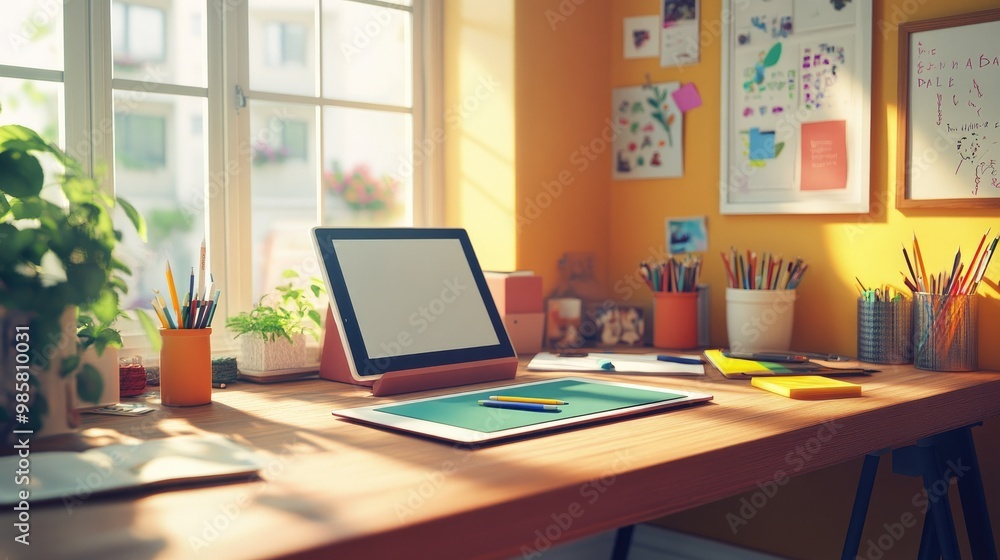 A bright creative workspace with a wooden desk, graphic tablet, and colorful design tools for a new project. A bright creative workspace with a wooden desk, graphic tablet, and colorful design tools for a new project.