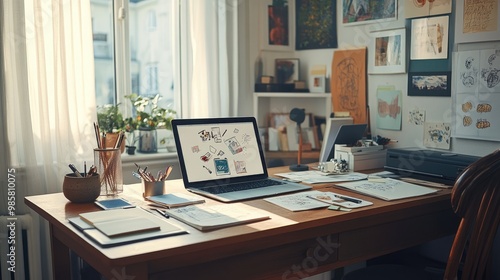 Wallpaper Mural A bright home office with a laptop, sketchpads, and design inspiration scattered across the desk Torontodigital.ca