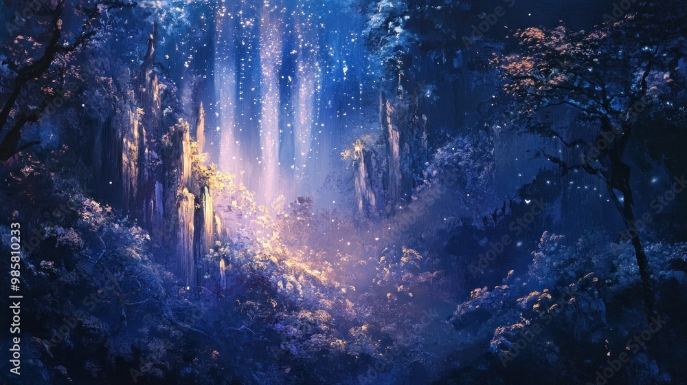 Enchanting Forest with Golden Luminous Rays and Glittering Particles Enchanting Forest with Golden Luminous Rays and Glittering Particles