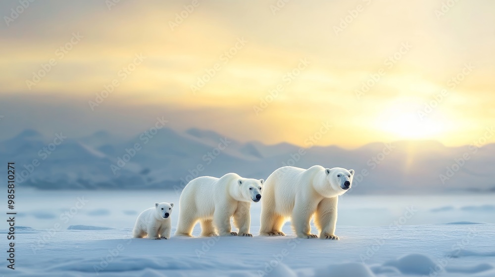 Aurora Borealis, vibrant streaks of light, polar bears in tundra. Aurora Borealis, vibrant streaks of light, polar bears in tundra.
