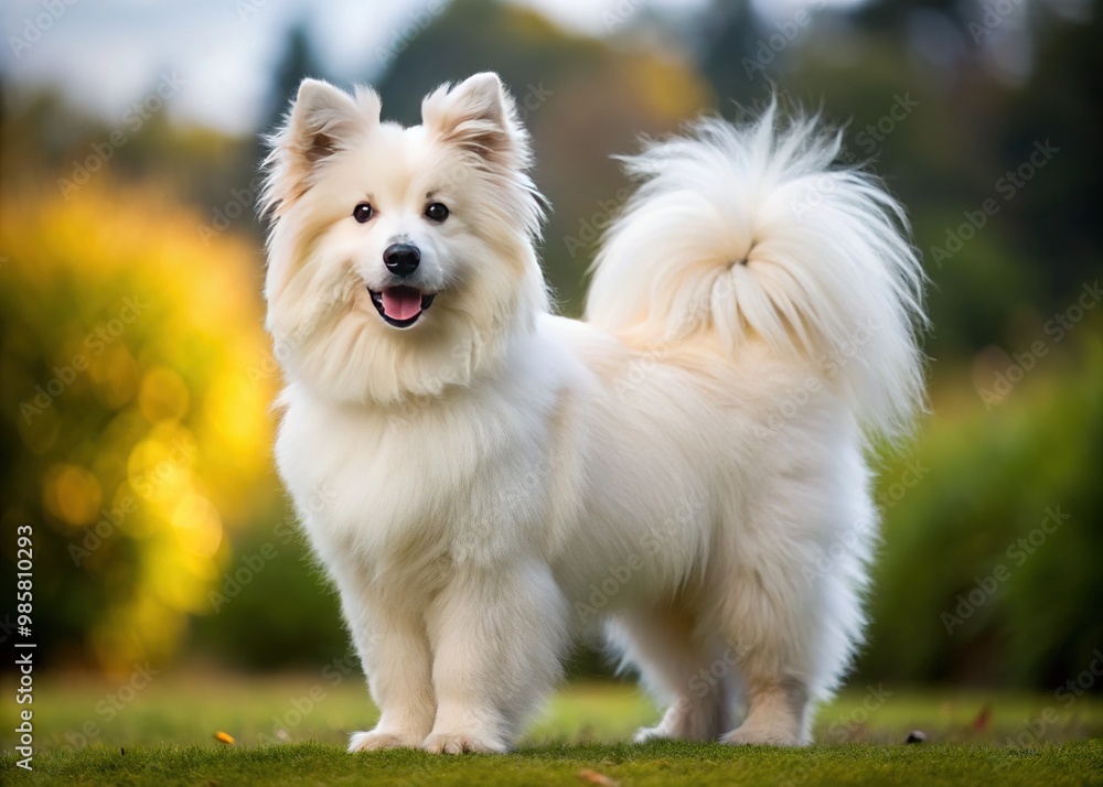 A fluffiest white dog boasts a luxuriant bushy tail, punctuated by dark markings that frame its eyes like a canvas. A fluffiest white dog boasts a luxuriant bushy tail, punctuated by dark markings that frame its eyes like a canvas.
