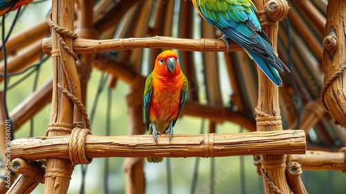 A dynamic external perch structure features intricately shaped vertical supports, horizontal resting bars, and sturdy base leg unions, showcasing robust engineering for ornithological habitats.