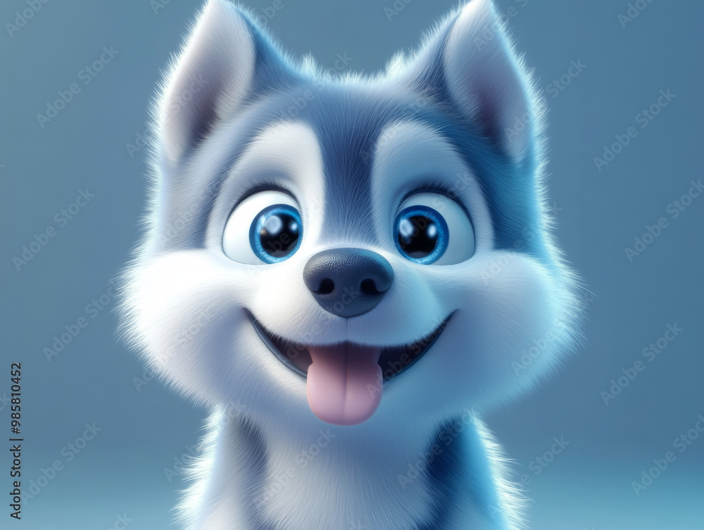 A cute and adorable cartoon illustration of a Siberian Husky puppy with big blue eyes and a friendly smile A cute and adorable cartoon illustration of a Siberian Husky puppy with big blue eyes and a friendly smile