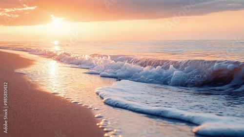 A calm wave rolling onto a sandy beach, with the sun setting in the background and soft lighting