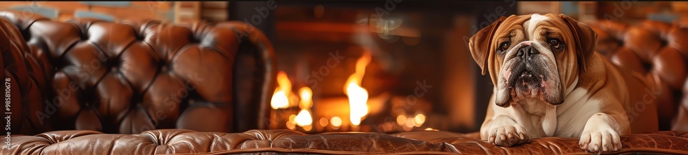 Bulldog sitting in front of a cozy fireplace in a vintagethemed room, Retro, Warm tones, Photography Bulldog sitting in front of a cozy fireplace in a vintagethemed room, Retro, Warm tones, Photography