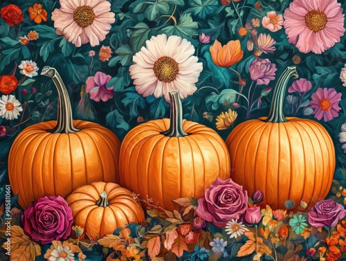 Autumn harvest with pumpkins and floral background