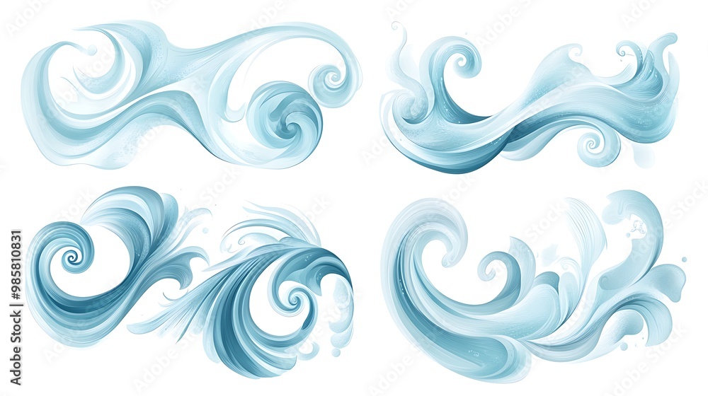 Tranquil Seafoam Swirls Vector Set on White Background | Gentle Ocean Foam Patterns in Flat Design with 4 Elements | Isolated Illustration Tranquil Seafoam Swirls Vector Set on White Background | Gentle Ocean Foam Patterns in Flat Design with 4 Elements | Isolated Illustration