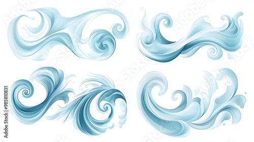 Tranquil Seafoam Swirls Vector Set on White Background | Gentle Ocean Foam Patterns in Flat Design with 4 Elements | Isolated Illustration