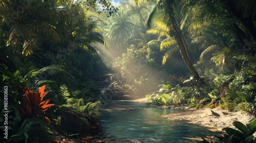 Wallpaper Mural Sunbeams Illuminating a Tranquil Jungle Stream Torontodigital.ca