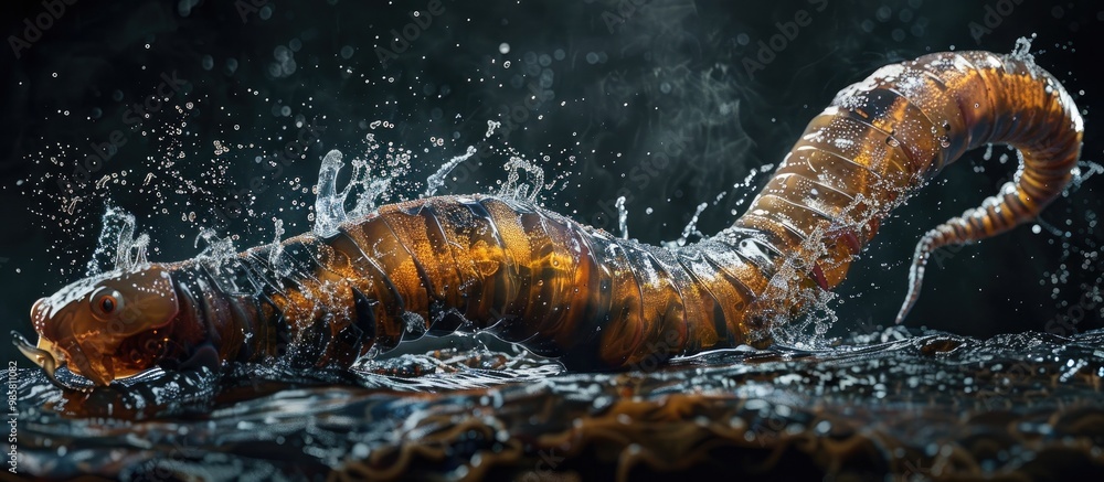 Dramatic close up image of a threatening caterpillar crawling through a wet moody environment with splashing water and dramatic lighting creating a surreal and ominous atmosphere Dramatic close up image of a threatening caterpillar crawling through a wet moody environment with splashing water and dramatic lighting creating a surreal and ominous atmosphere
