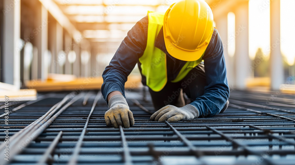 Construction Worker Preparing Rebar for Concrete Construction Worker Preparing Rebar for Concrete