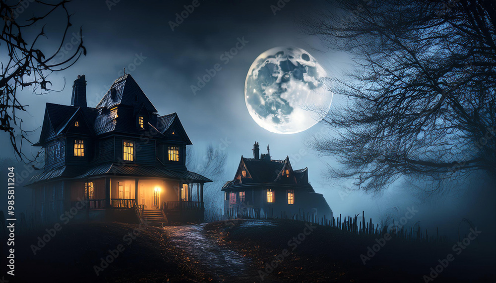 Spooky Halloween Nighttime Scene with Haunted Atmosphere Spooky Halloween Nighttime Scene with Haunted Atmosphere