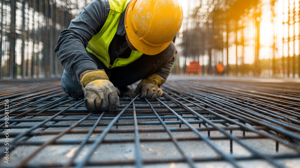 Construction Worker Adjusting Rebar at Sunset Construction Worker Adjusting Rebar at Sunset