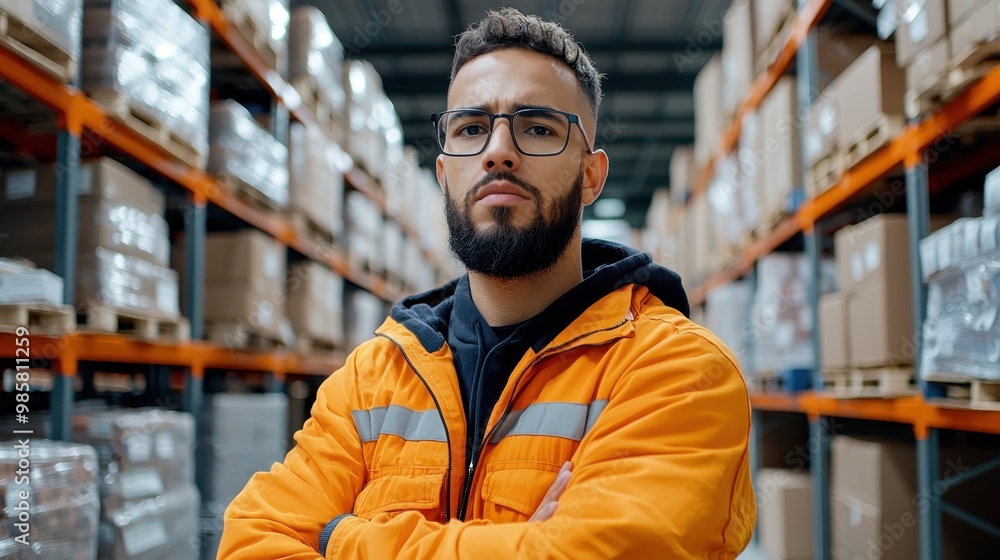 Efficient Warehouse Worker Using Digital Inventory Tools, Stock Management and Sales Connection Illustration with Copy Space for Text Efficient Warehouse Worker Using Digital Inventory Tools, Stock Management and Sales Connection Illustration with Copy Space for Text