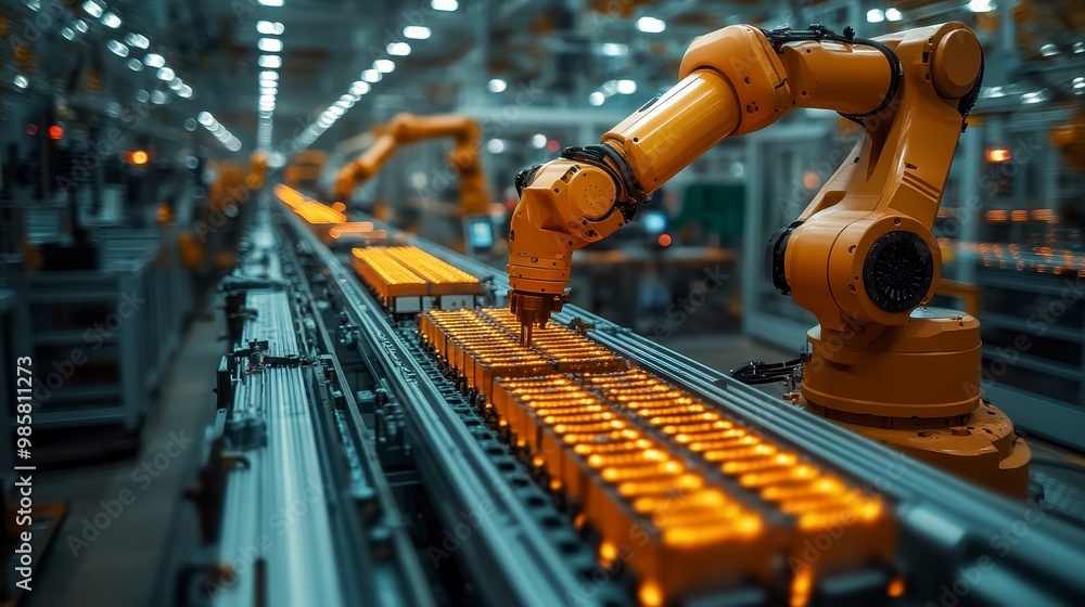 Robotic arm assembling battery packs in a modern industrial setting. Robotic arm assembling battery packs in a modern industrial setting.