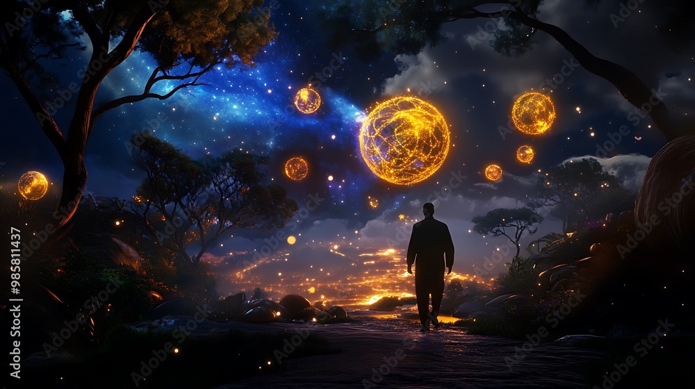 Man Walking Towards Glowing Spheres in Fantasy Forest Night Sky Man Walking Towards Glowing Spheres in Fantasy Forest Night Sky