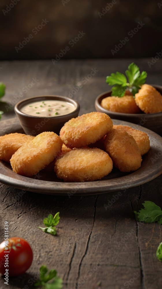 Crispy Fried Chicken Nuggets with Dipping Sauce on Rustic Table Crispy Fried Chicken Nuggets with Dipping Sauce on Rustic Table