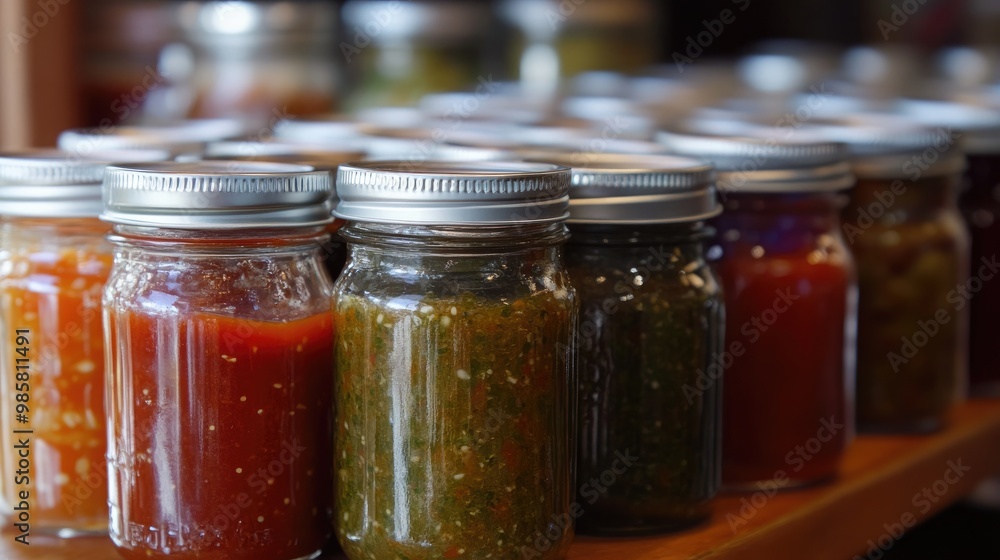A collection of jars filled with homemade sauces and relishes, labeled and sealed. A collection of jars filled with homemade sauces and relishes, labeled and sealed.