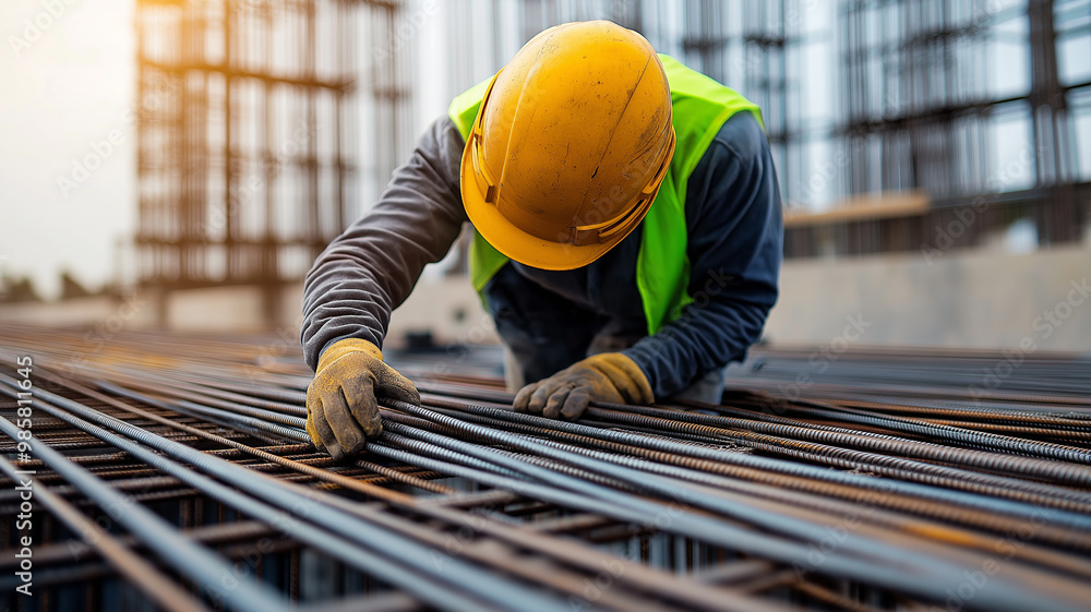 Construction Worker Inspecting Steel Rebar Construction Worker Inspecting Steel Rebar
