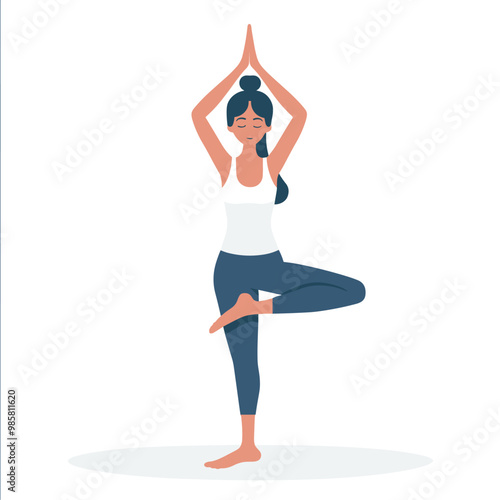 Girl with sitting in yoga pose. Meditating and yoga. International yoga day. Girl doing yoga. Vector illustration