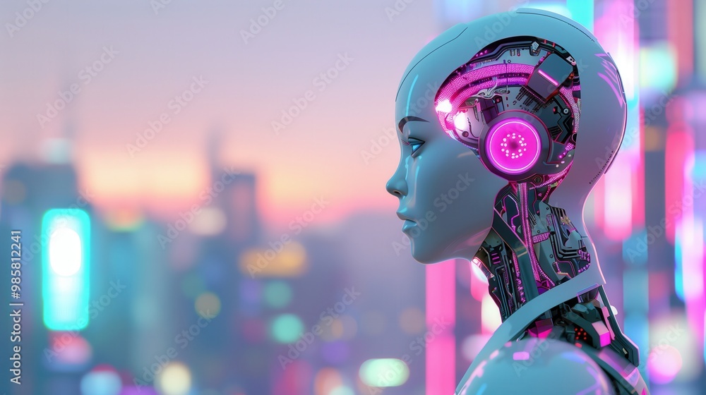 Futuristic humanoid robot with glowing neon lights in the background, symbolizing advanced technology and artificial intelligence. Futuristic humanoid robot with glowing neon lights in the background, symbolizing advanced technology and artificial intelligence.
