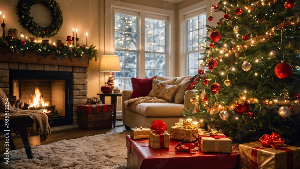 Obraz premium A beautifully decorated Christmas tree with twinkling lights