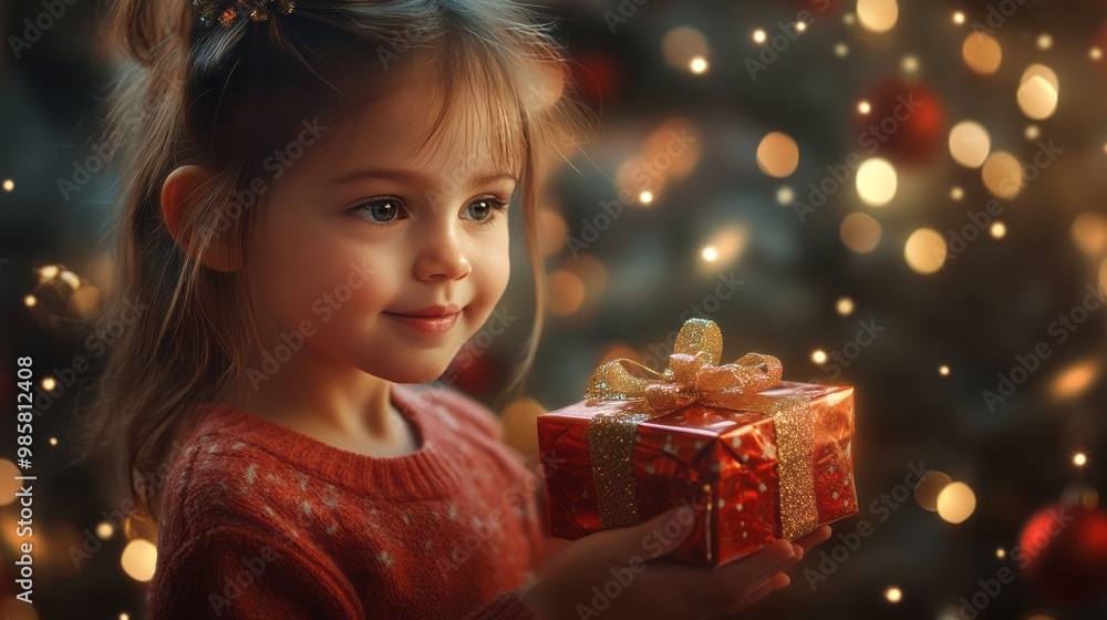 A young girl is holding a red box with a gold ribbon A young girl is holding a red box with a gold ribbon