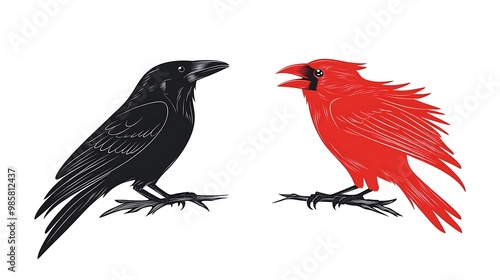 Regal Black Raven and Majestic Red Cardinal Logo on Clean White Background - Vector Illustration with No Shadows