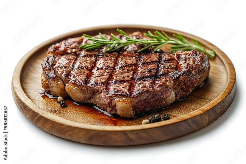 Steak Delmonico isolated on a wooden dish against a white backdrop. Generative Ai Steak Delmonico isolated on a wooden dish against a white backdrop. Generative Ai