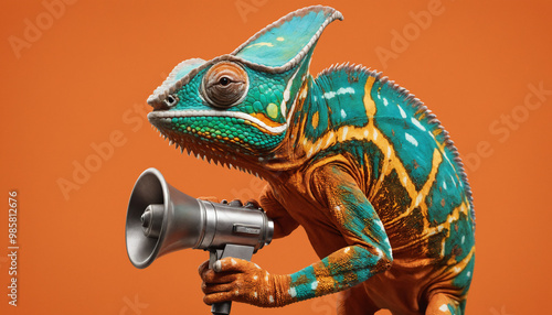 Chameleon with Megaphone: A vibrant green chameleon with striking orange and blue patterns holds a megaphone, poised for a powerful announcement. The playful yet professional image hints at a message 